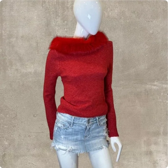 Red Knit Sweater Faux Fur Trim Collar Y2K Glam Winter Top Medium - Picture 4 of 8